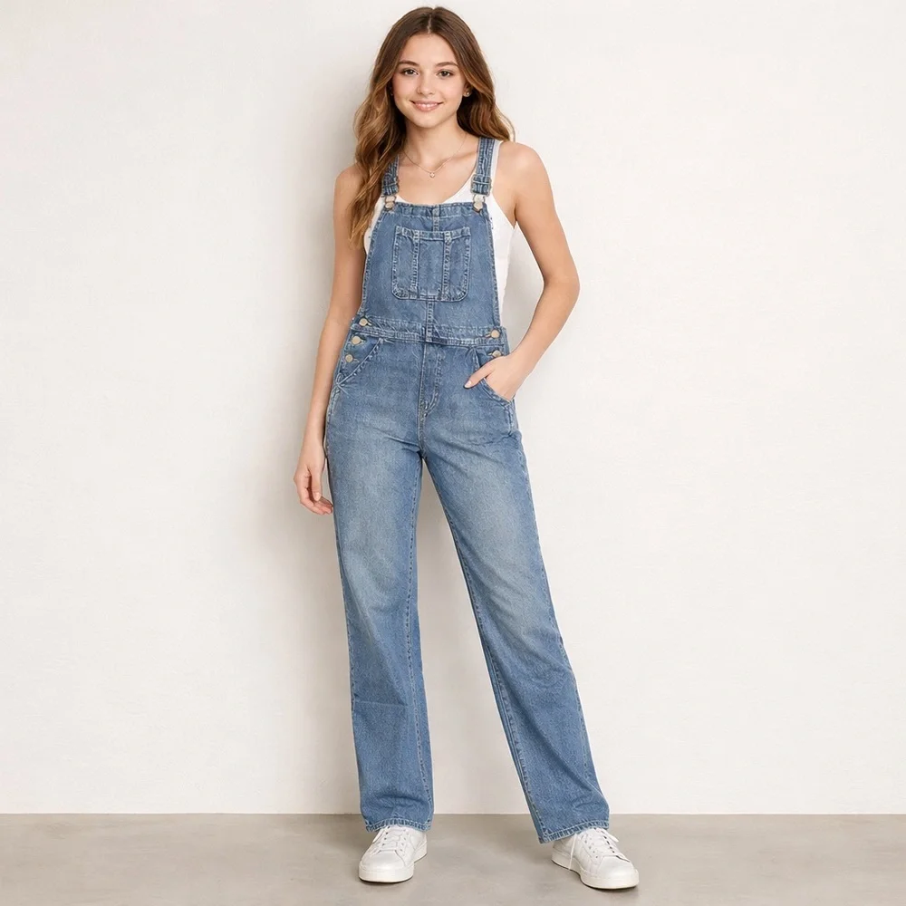 Gap Juniors Blue Size XL Denim Square Neck Straight Leg Denim Overalls
